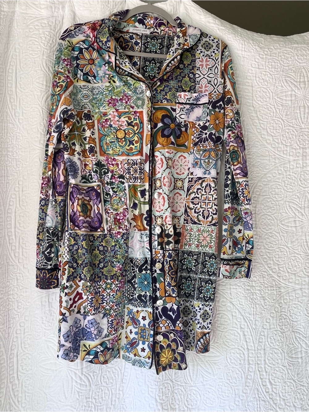 Johnny Was Floral Tile Print Button-Up Long Pajama Dress in Purple, Green, Cream